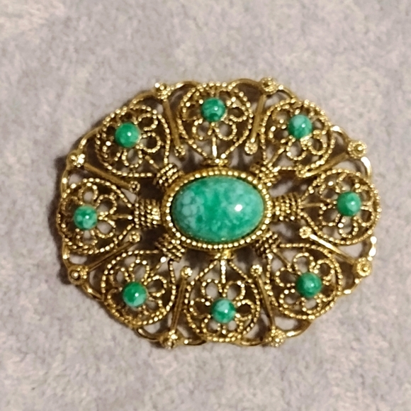 Jewelry - True Vtg. Brooch Large Ornate Florenza Style Gold Tone Aqua Cabochon Renaissance